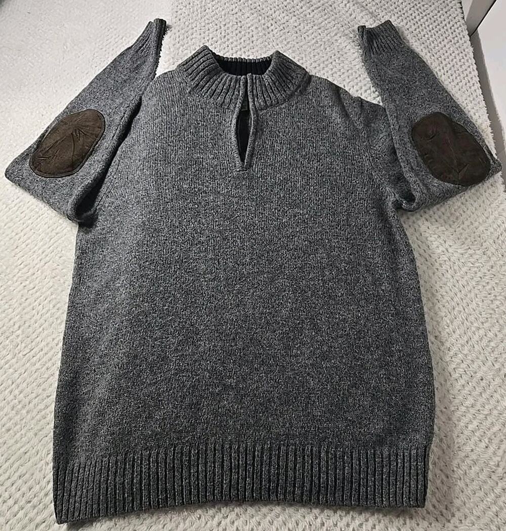 LL Bean Mens Large Gray Wool Blend Quarter Zip Sweater Corduroy Elbow Patches